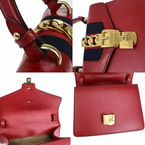 GUCCI Logo Mini Sylvie Sherry 2Way Shoulder Hand Bag Leather Red GHW 53RK113 - Picture 14 of 16